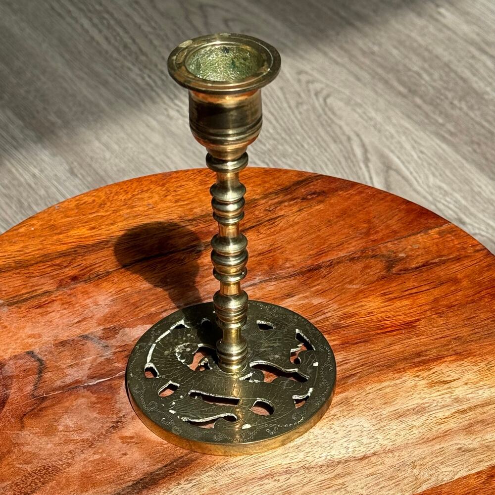 Vintage Solid Brass Candlestick Holder 5” Asian Pierced Base Taper Candle Decor